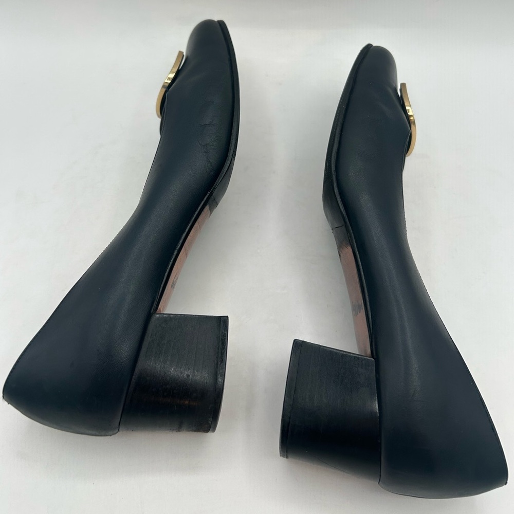 Vintage Salvatore Ferragamo Kitten Block Heel Black Leather Gold Accent Size 8.5 - Picture 10 of 14